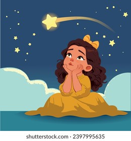 pequeña niña de cabello rizado mirando a una estrella fugaz, concepto de cuento de hadas, carácter infantil. Ilustración del vector