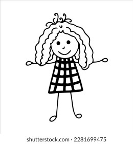A little curly-haired girl in a plaid dress. Vector hand-drawn doodles. Sketch, template, logo, clipart, icon.