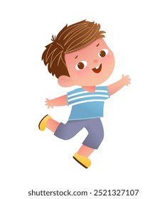 Pequeño muchacho activo lindo, saltando sonriente alegre y saludo. Colegial feliz, ilustración gráfica para niños de la escuela o del jardín de infantes. Dibujos animados de personajes para niños, Clipart aislado de Vector.