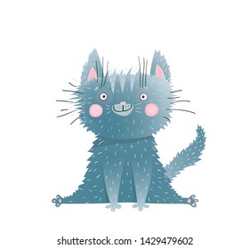 Little Cute Adorable Kitten Sitting Watercolor Cartoon. Funny grey kitten smiling feline pet sitting in fun position legs spread. Comic postcard, greeting card isolated design element. Vector cartoon.