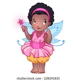 Little cute African American fairy in a pink dress with magic wand. Cartoon character. Vector clip-art illustration on a white background.