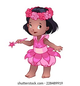 Little Cute African American Girl In A Pink Dress With Magic Wand. Cartoon Character. Vector Clip-art Illustration.