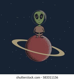 Little cute alien landed to Saturn.Science theme.Cartoon childish vector illustration