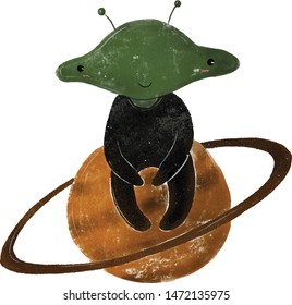 Little cute alien and planet Saturn. Vector illustration on isolated white background