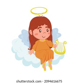 Little cute angel girl in an orange dress sits on a cloud with a harp in cartoon style