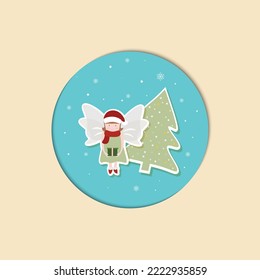 A little cute angel with lovely Christmas tree over snowflake and soft blue tone background. Vector illustration in paper cut style for Merry Christmas concept