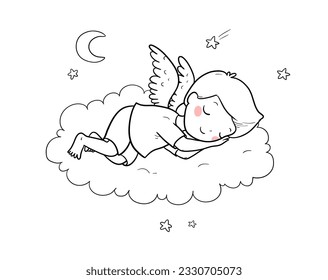 Little cute angel sleeps on a cloud. Cartoon little boy. Good night! Illustration for coloring book. Vector