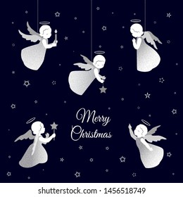 Little cute angels with shiny silver wings with greeting text Merry Christmas. Angels with stars, candles and snowflakes on a dark blue background.