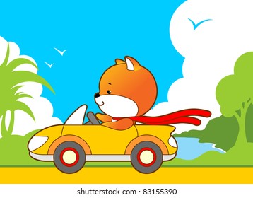 Little cute animal rides in a convertible on a background of tropical landscape