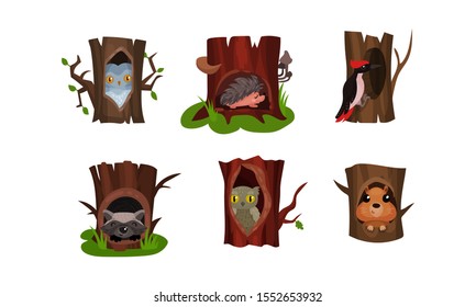 Little Cute Animals And Birds In Tree Hollows In The Forest Vector Illustration Set Isolated On White Background