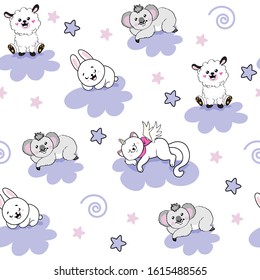 Little cute animals sleep on a cloud seamless pattern on a white background. White cat, koala, bunny and sheep