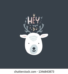 Little cute arctic deer face and lettering text, pattern elements. Child illustration, doodle, nursery scandinavian style art