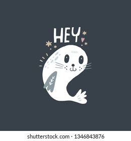 Little cute arctic seal and lettering text, pattern elements. Child illustration, doodle, nursery scandinavian style art