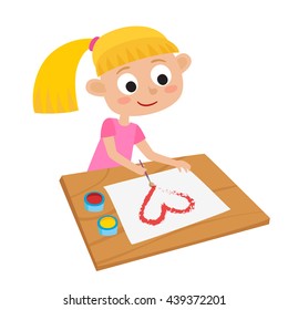 Little cute artist. Vector illustration of adorable little blonde girl with pony tail painting a heart with paint brush isolated on white. Illustration for children.
