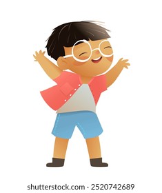 Pequeño niño asiático lindo, sonriente alegre y saludo mano arriba. Colegial chino feliz, ilustración gráfica para los niños de la escuela o del jardín de infantes. Dibujos animados de personajes para niños, Clipart aislado de Vector.