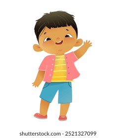 Pequeño chico asiático lindo saludando manos arriba, carácter alegre y sonriente. Colegial feliz, ilustración gráfica para niños de la escuela o del jardín de infantes. Dibujos animados de personajes para niños, Clipart aislado de Vector.