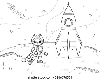 Little cute astronaut cat in a spacesuit near the rocket. Coloring book page. Vector illustration isolated on white background