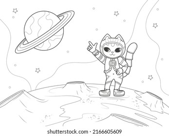 Little cute astronaut cat in a spacesuit on a new planet. Coloring book page. Vector illustration isolated on white background
