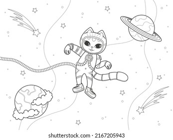 Little cute astronaut cat in a spacesuit 
in outer space surrounded by stars and planets. Coloring book page. Vector illustration isolated on white background