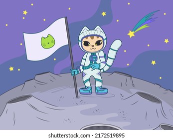 Little cute astronaut cat in a spacesuit will set a flag on a new planet. Vector illustration