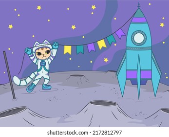 Little cute astronaut cat in a spacesuit decorates the rocket with a garland with flags. Vector illustration