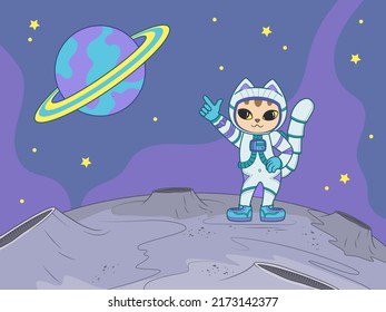 Little Cute Astronaut Cat In A Spacesuit On A New Planet. Vector Illustration 