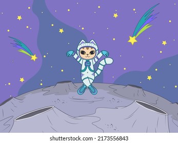 Little cute astronaut cat in a spacesuit on a new planet. Vector illustration for a t-shirts and cards