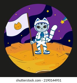 Little cute astronaut cat in a spacesuit will set a flag on a new planet. Vector illustration in round frame for t-shirt, stickers and cards