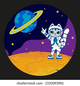 Little cute astronaut cat in a spacesuit on a new planet. Vector illustration in round frame for t-shirt, stickers and cards