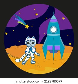 Little cute astronaut cat in a spacesuit near the rocket. Vector illustration in round frame for t-shirt, stickers and cards