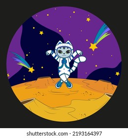 Little cute astronaut cat in a spacesuit on a new planet. Vector illustration in round frame for t-shirt, stickers and cards