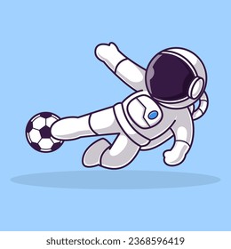 Kleine süße Astronautenkinder spielen Fußball. Cartoon Illustration Design. Einzeln Premium-Vektordatei, der Hintergrund ist einfach zu bearbeiten. Kann für Icon, Logo, Banner, Flyer oder jedes Design-Projekt verwendet werden. 