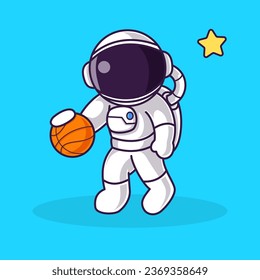 Little Cute Astronaut Kids Playing Basketball. Cartoon Illustration Design. Isolated Premium Vector File. Background is Easy to Edit. Can use for Icon, Logo, Banner or Any Design Project