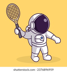 Little Cute Astronaut Kids Playing Tennis. Cartoon Illustration Design. Isolated Premium Vector File, background is easy to edit. Can use for Icon, Logo, banner, flyer or any design project. 