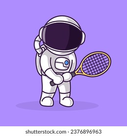 Little Cute Astronaut Kids Playing Tennis. Cartoon Illustration Design. Isolated Premium Vector File, background is easy to edit. Can use for Icon, Logo, banner, flyer or any design project. 