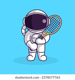 Little Cute Astronaut Kids Playing Tennis. Cartoon Illustration Design. Isolated Premium Vector File, background is easy to edit. Can use for Icon, Logo, banner, flyer or any design project. 