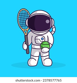 Little Cute Astronaut Kids Playing Tennis. Cartoon Illustration Design. Isolated Premium Vector File, background is easy to edit. Can use for Icon, Logo, banner, flyer or any design project. 