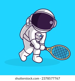 Little Cute Astronaut Kids Playing Tennis. Cartoon Illustration Design. Isolated Premium Vector File, background is easy to edit. Can use for Icon, Logo, banner, flyer or any design project. 