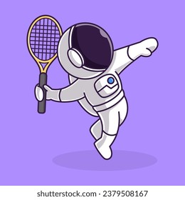 Little Cute Astronaut Kids Playing Tennis. Cartoon Illustration Design. Isolated Premium Vector File, background is easy to edit. Can use for Icon, Logo, banner, flyer or any design project