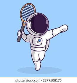 Little Cute Astronaut Kids Playing Tennis. Cartoon Illustration Design. Isolated Premium Vector File, background is easy to edit. Can use for Icon, Logo, banner, flyer or any design project