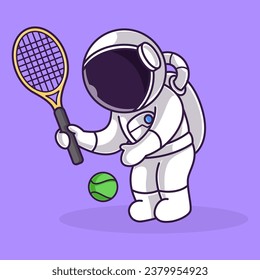 Little Cute Astronaut Kids Playing Tennis. Cartoon Illustration Design. Isolated Premium Vector File, background is easy to edit. Can use for Icon, Logo, banner, flyer or any design project