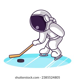 Little Cute Astronaut Kids Playing Ice Hockey. Cartoon Logo Illustration Design. Isolated Premium Vector File, background is easy to edit. Can use for Icon, Logo, banner, flyer or any design project