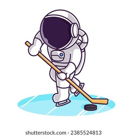 Little Cute Astronaut Kids Playing Ice Hockey. Cartoon Logo Illustration Design. Isolated Premium Vector File, background is easy to edit. Can use for Icon, Logo, banner, flyer or any design project