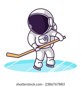 Little Cute Astronaut Kids Playing Ice Hockey. Cartoon Logo Illustration Design. Isolated Premium Vector File, background is easy to edit. Can use for Icon, Logo, banner, flyer or any design project