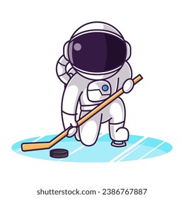 Little Cute Astronaut Kids Playing Ice Hockey. Cartoon Logo Illustration Design. Isolated Premium Vector File, background is easy to edit. Can use for Icon, Logo, banner, flyer or any design project