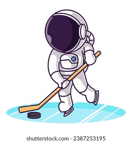 Little Cute Astronaut Kids Playing Ice Hockey. Cartoon Logo Illustration Design. Isolated Premium Vector File, background is easy to edit. Can use for Icon, Logo, banner, flyer or any design project