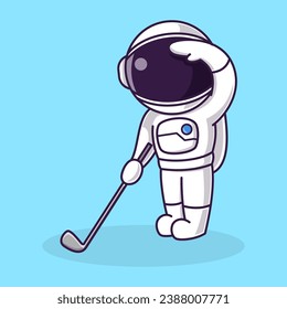 Little Cute Astronaut Kids Playing golf. Cartoon Logo Illustration Design. Isolated Premium Vector File, background is easy to edit. Can use for Icon, Logo, banner, flyer or any design project