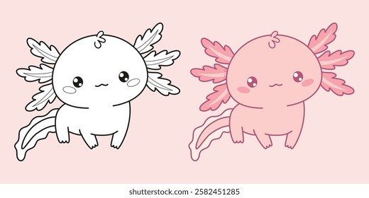 Little cute Axolotl. Outline and color pink cartoon kawaii character. Isolated linear drawing, coloring book. Vector illustration. Kids collection