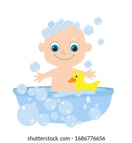 Little cute baby bathes in a bathtub with soap bubbles and a yellow rubber duck. The child smiles happily. Cartoon character in flat style isolated on white background.