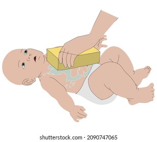 Little cute baby bathes in a bathtub with soap bubbles and a yellow rubber duck. The child smiles happily. Cartoon character in flat style isolated on white background.